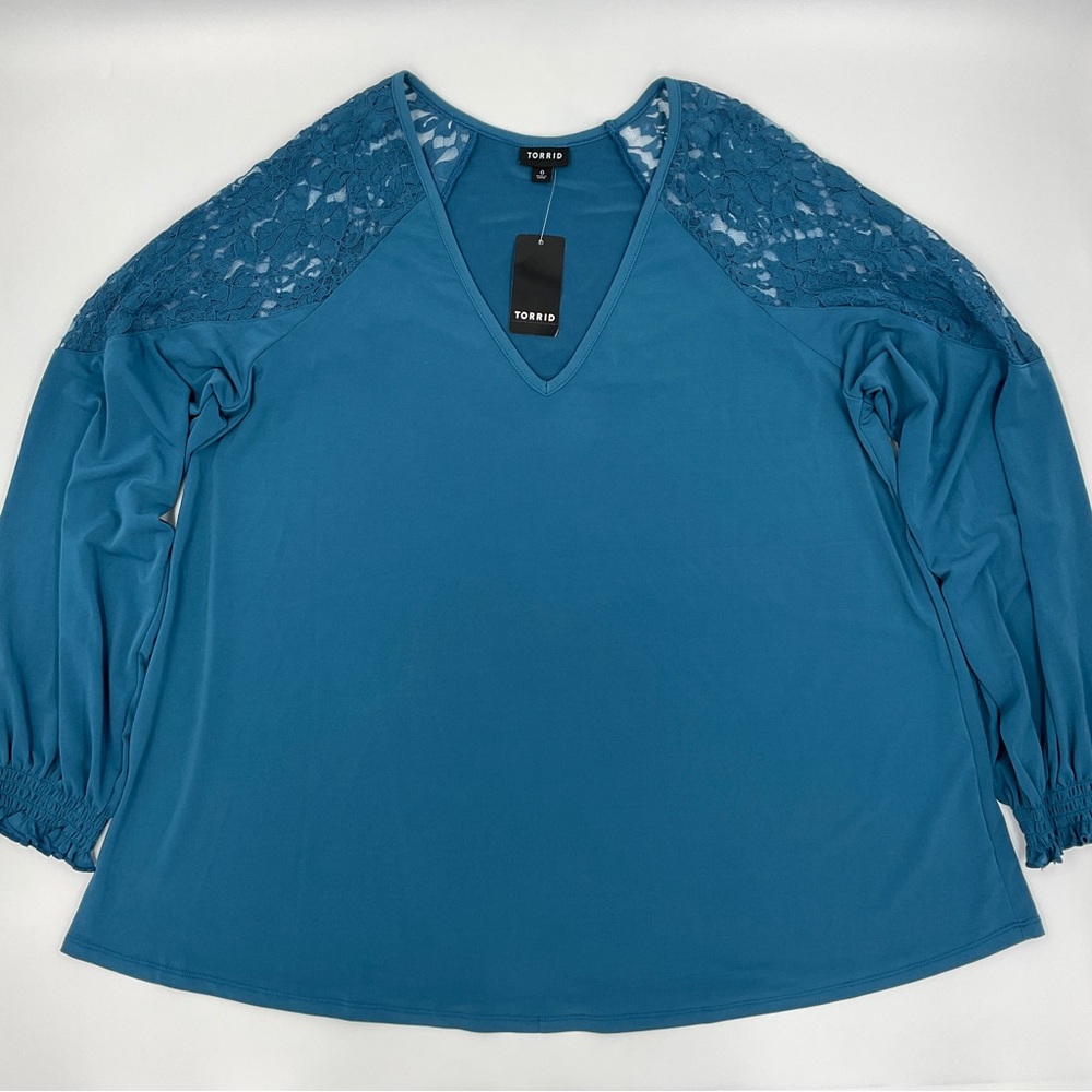 Torrid NWT Studio Knit Lace Shoulder Top Long Sleeve Midnight Teal 0 / L / 12 - Picture 10 of 16